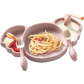 bc babycare Dinosaur Suction Plates for Baby,Silicone Plates with Suction - Spill Proof, BPA-Free Bowl - Suction Plates for Baby and Toddler,Training & Feeding Divided Grip Dish with Straw