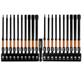 20pcs 4" Impact Allen Wrench Drill Bit Set (Metric&SAE), 1/4" Hex-Shank S2 Steel CNC Magnetic Hex Head Bit Set, 4" Long Impact Driver Bit Set with Storage Box & Extension Socket