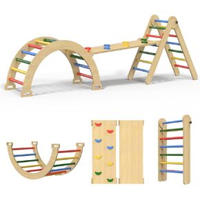 Large Pikler Triangle Set, 5 in 1 Foldable Baby Climbing Gym Indoor Montessori Climbing Set Wooden Toddler Climbing Toys with Arch, Ramp, Ladder, Rainbow