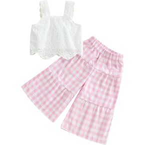 0-4T Kid Toddler Baby Girl Summer Clothes Sleeveless Lace Tank Shirts + Plaid Pants 2Pcs Outfits