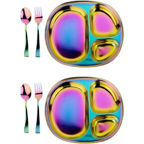 Ahimsa Stainless Steel Kids Plates and Utensils Set of 2 - Toddler Plates & Utensil Sets, Pediatrician Designed, Non Toxic BPA Free & Dishwasher Safe (Rainbow)