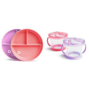 Munchkin® Stay PutTM Divided Suction Toddler Plates and Snack Catcher® Toddler Snack Cups, 2 Pack