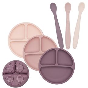 WeeSprout 3 Suction Plates & 3 Soft-Tip Spoons Bundle - Complete Mealtime Set - Silicone Baby Dinnerware - Divided Toddler Plates - Microwave & Dishwasher Safe