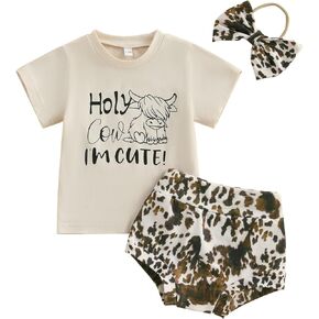 Newborn Infant Baby Girl Western Outfit Holy Cow I'm Cute Short Sleeve T-Shirt Shorts Headband 3Pcs Summer Outfit Set