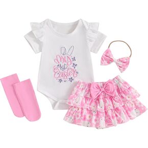 Hekkomird Baby Girl Easter Outfits Cute Letter Short Sleeve Romper Top Bow Ruffle Shorts Headband Infant Summer Clothes