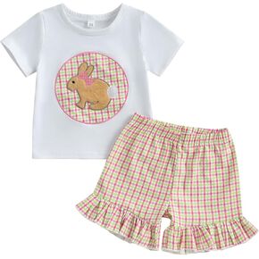 Douhoow Toddler Girl Easter Outfits Bunny Embroidery Short Sleeve T-shirts Tops Plaid Ruffle Shorts 2 Piece Summer Set