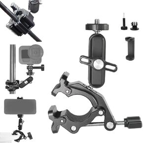 Super Clamp with 360°Dual Ballhead Magic Arm, Camera Phone Mount with 1/4" Thread, Light Clamp Umbrella Desk Studio Stand Holder Adapter for Tripod, Compatible with DJI 3, Insta360