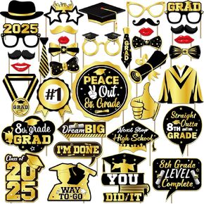 36Pcs 8TH Grade Graduation Decorations Photo Booth Props, Middle School Graduation Decorations Photo Prop for Party Photobooth, 8TH Grade Promotion Decorations 2025 Peace Out 8th Grade Props