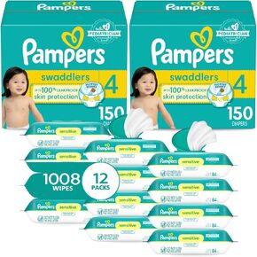 Pampers Baby Diapers and Wipes Starter Kit - Swaddlers Disposable Diapers Sizes 1 (198 Count) & 2 (186 Count) With Sensitive Water Based Wipes 12 Flip-Top Packs (1008 Total)