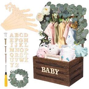 Wooden Baby Shower Crate Closet, Baby Baskets Custom Baby Gifts for Boys and Girls with Baby Hangers, Personalized Basket for Pregnancy New Parent