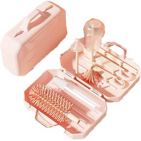 PandaEar Portable Bottle Brush Set with Case, Baby Travel Essential-6 in 1 Bottle Cleaning Tool, Bottle Cleaner Kit with Silicone Brush, Nipple Brush, Straw Brush, Bottle Dispenser, Pink