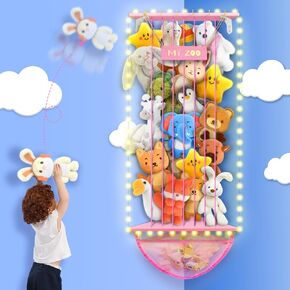 Corner Stuffed Animal Storage Toy Organizer, Stuffed Animals Holder with LED Light Kids Plushies Toys Wall Hanging with Adjustable Length for Nursery Playroom (Pink)