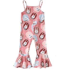 Ritatte Toddler Baby Girl Easter Outfit Bunny Bell Bottom Romper Cute Rabbit Floral Jumpsuit Sleeveless One-Piece Flare Pants