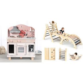 BlueWood 7in1 Pikler Climbing Set and Wooden Kids Kitchen Set
