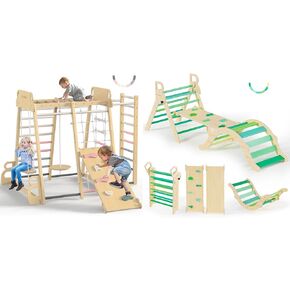 BlueWood 9-in-1 Wooden Indoor Jungle Gym with 7 in 1 Pikler Triangle Set