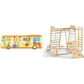 BlueWood Upgraded Indoor Playground 9-in-1 Jungle Gym Kids Climbing Toys, School Bus Wall Busy Board
