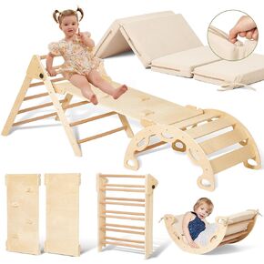 Giant bean Medium Pikler Triangle Set with Cushion, 7-in-1 Wooden Toddler Climbing Toys Indoor with Sliding Ramp & Climbing Arch Ramp, Playground Jungle Gym for Kids, Montessori Climbing Set