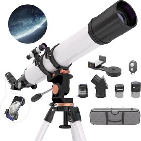 Telescope, 90mm Aperture 800mm Telescopes for Adults Astronomy High Powered,Multi-Coated Portable Professional Refractor Telescopes for Kids & Beginners with Phone Adapter,Travel Carry Bag（Black