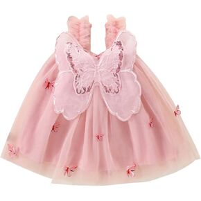 Baby Girl Toddler Butterfly Dress Sleeveless Tulle Tutu Wings Fairy Layered Ruffle Birthday Party Princess Dresses (Pink,2-3 Years)