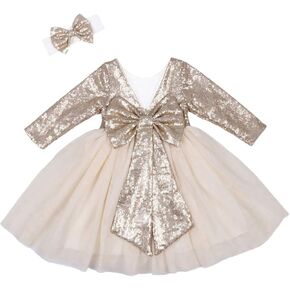 Cilucu Flower Girl Dress Sequin Girls Long Sleeve Dress Tutu Party Chrismas New Year Dress in Kuwait