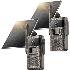 4G LTE Cellular Trail Cameras 2 Packs Unlimited Data Plan Solar Trail Cameras Built in SIM Card Game Camera IP65 Waterproof Security Camera with 2K Live Video, No Glow Night Vision