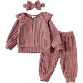Baby Girl Ruffle Long Sleeve Sweatshirt Pants Set with Headband Infant Toddler Spring Fall Outfits Clothes Set