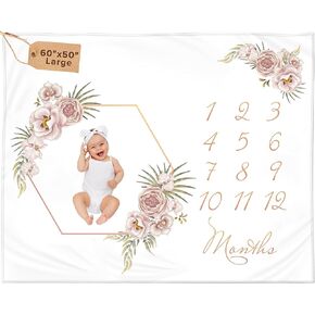 Monthly Baby Milestone Blanket 60"x50" - Elegant Boho Floral Design with Felt Frame - Track Your Baby's Monthly Growth - Perfect Gender Neutral Gift for New Parents - Personalized Baby Blanket