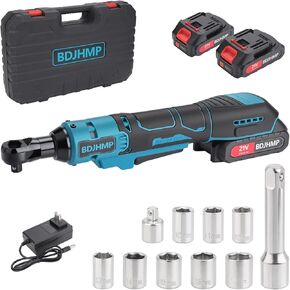3/8'' Cordless Ratchet Wrench, 74FT-LBS (100N.m) Electric Ratchet with 21V 2 X 2.0Ah Battery, 400 RPM Chargeable Power Ratchet Driver Set with 8 Sockets,1/4 Adaptor, 3" Extension Bar，Brushless Motor