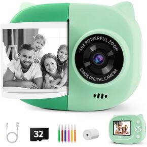 Rongta Instant Print Camera for Kids, Children Portable Camara Toy Birthday Gifts, 2.4 Inch Screen Kids Digital Camera for Girls Boys Age 3 4 5 6 7 8 9 10,Green