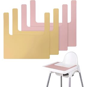 High Chair Placemat, Long Lasting High Chair Placemat Silicone, 4-Piece Set, Can Be Used Interchangeably, Suitable for IKEA Antilop Highchai, for Toddlers and Babies (Pink/Khaki)
