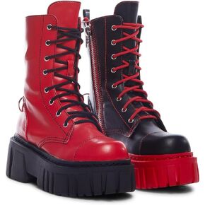 Dolls Kill Devil Games Mismatched Combat Boots – Red Vegan Leather Platform Boots with Adjustable Lace-Ups & Side Zippers