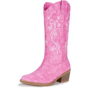 Vepose Women's Cowboy Boots, Embroidered Western Mid-Calf 9802 Cowgirl Boots, Pointed Toe Pull on Boots with Chunky Heel