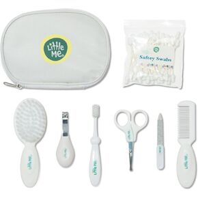 Little Me Baby Grooming Set - 8 Piece Essential Kit with Brush, Comb, Nail Clippers, Nail File, Toothbrush, Safety Swabs, and Travel Zipper Pouch - Baby Grooming Tools