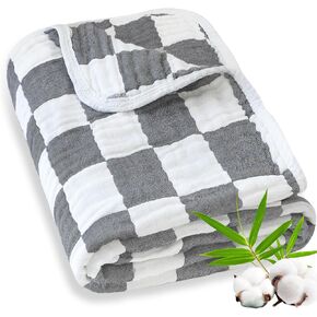 Muslin Baby Blankets for Boys Girls, 70% Cotton and 30% Rayon Blanket for Infant Toddler, Super Soft and Lightweight Blankets with Checkerboard Design Blue 43 x 43 Inches