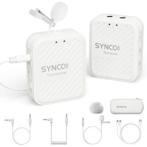 SYNCO Wireless Lavalier Microphone White, Microfonos Inalambricos Professional 3.5mm TRS 2.4GHz 70m Transmission Range Noise Cancellation Receiver and Transmitter