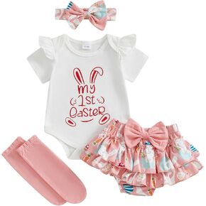 Murnouche Baby Girl Clothes Easter Outfit Summer Ruffle Sleeve Romper Bloomer Shorts Headband