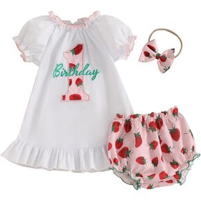 Baby Girl First Birthday Outfit Short Sleeve Letters Dress Tops Strawberry Shorts Headband Cute Birthday Clothes