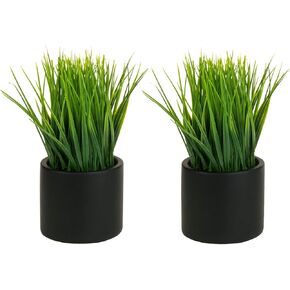 MyGift Artificial Grass Plant in Modern Gray Concrete Pot with Geometric Embossed Pattern, Tabletop Faux Greenery in Decorative Round Cement Planter, Set of 2