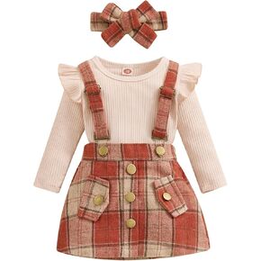 Kids Toddler Girl Fall Clothes Baby Crew Neck Solid Knitted Pullover Top A-Line Button Plaid Skirt Dress 2Pcs Oufits