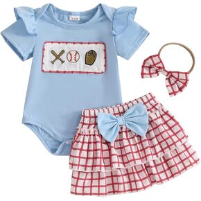 Baby Girl Baseball Outfit Ruffle Short Sleeve Bubble Romper Bow Plaid Tutu Skirt Newborn Summer Clothes Headband 0-18M in Saudi Arabia