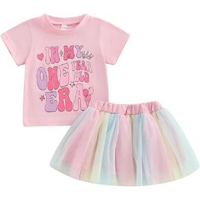 Toddler Baby Girl 1st Birthday Outfits Short Sleeve T-shirt One Year Old Era Crown Shirt Summer Tutu Skirt Set
