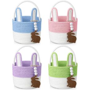4 Set Easter Baskets Easter Bunny Basket with Name Tag Rabbit Ear Easter Stuffer Basket Rustic Woven Round Storage for Kid Girl and Boy Gift Baby Shower Party Decoration Supplies