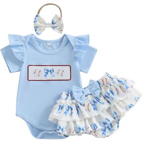 Baby Girl Baseball Outfit Ruffle Short Sleeve Bubble Romper Bow Plaid Tutu Skirt Newborn Summer Clothes Headband 0-18M