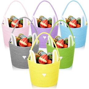 6 Pack Easter Baskets with Handle Woven Bunny Egg Hunt Basket with Rabbit Ears Print Bags Empty Easter Treat Bag Cotton Woven Egg Box for Gifts Party Decorations Favors(Multicolor)