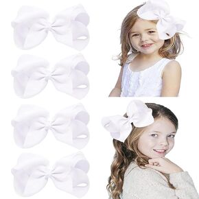 4 PCS 6" Big Hand-made Grosgrain Ribbon Solid Color Hair Bows Alligator Clips Hair Accessories for Little Teen Toddler Girls Kids Set of4 (White)