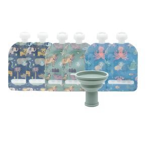 WeeSprout Double Zipper Reusable Food Pouches, Perfect for Babies & Toddlers, Freezer & Dishwasher Safe (Animals, 6 Piece Assortment)