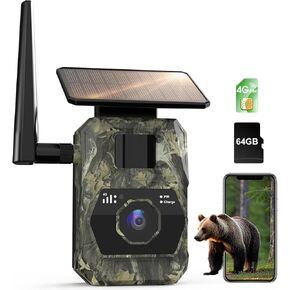 4G LTE Cellular Trail Camera with 2kLive Video and True Color Night Vision, No WiFi Needed, Include SIM Card with 0.2s Trigger Time, Solar Trail Camera with 64GB Micro SD Card, IP66 Waterproof