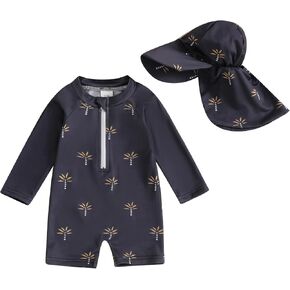 Toddler Baby Boy Rashguard Swimsuit Starfish/Crab/Whale/Lobster Print Long Sleeve Zipper Bathing Suit with Sun Hat