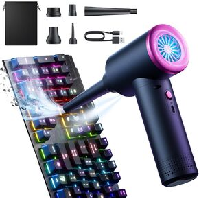 Electric Air Duster for Keyboard Cleaning, Rechargeable Compressed Air Blower with LED Fan, 6 Nozzle Attachments, Storage Bag, Black