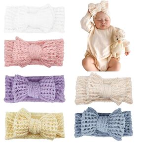 Handmade Baby Headbands Soft Stretchy Nylon Hair Bands with Bows for Newborn Infant Baby Toddler Girls- Pack of 6 (SYTLEA-01, MEDIUM)